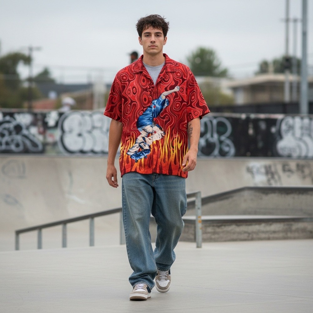 J/E/T Streetwear Flame Skateboard‎ Button Up Shirt Red Graphic Medium Y2K